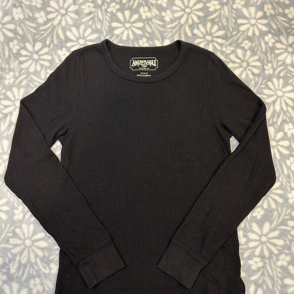 American Eagle Black Waffle Knit Long Sleeve Shirt